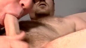 Massive unshaved dude allows a mature gay to suck him dry