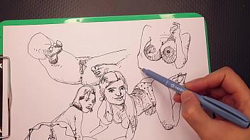 Porn artist at work, drawing quick sketches