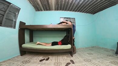 Bunk bed, girlfriend upstairs, friend downstairs, boyfriend in the middle of adultery