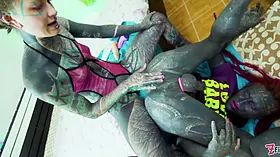 Tattooed trans gets ass fucking dual fisted from skinny chick