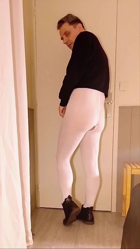 Horny in white open pantyhose