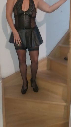 Jade slut plays with her dildo on the stairs