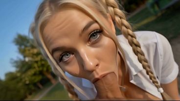 Flirtatious Blonde in Mini Skirt Seduces in Park &ndash_ Sloppy Blowjob and Cum on Face AI Generated