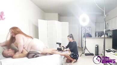 Redhead Julie Ginger rides her thick ass on a skinny guy in BTS backshots