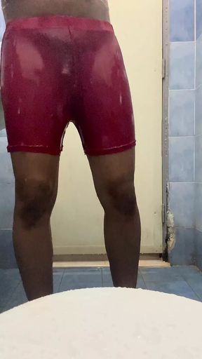 Shower in red transparent short