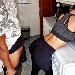 FUCKING WITH MY FITNESS AND BIG ASS STEPSISTER IN THE KITCHEN AFTER THE GYM WITH A SWEATY PUSSY