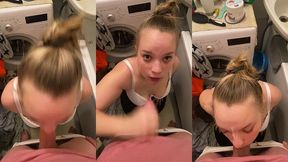 girl sucked his cock in bathroom while her made her dinner in the next room