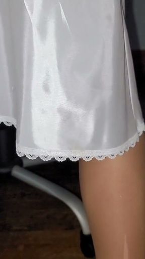 Pink satin skirt with a silky half slip   Clip 3