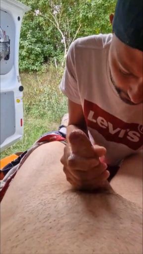 A Dude Is Jerking off in an Urban Exploration Setting and Gets Caught by a Blowjob Artist.