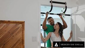 Charming brunette PAWG mounts her black stepbro's BBC during workout