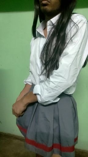 cute indian femboy in school dress strip tease   Clip 1