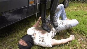 Human doormat at the car