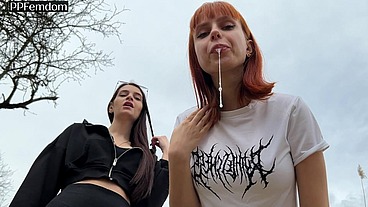 Bully Girls Spit On You And Order You To Lick Their Dirty Sneakers - Outdoor POV Double Femdom