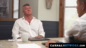 Big boss daddy savors a chest full of younger boy spunk from hot twinks Milo Miles an