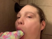 18 year old kisses and sucks their new bad dragon horse dildo all the way to the knot