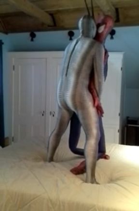 zentai croc has some fun with captured dummy spiderman