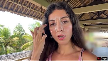 Amateur brunette waitress gets face covered in cum while eating burger in