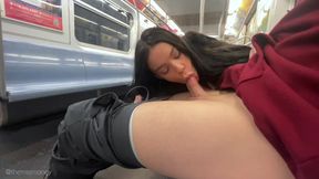 Hot Latina model gives risky blowjob on NYC subway