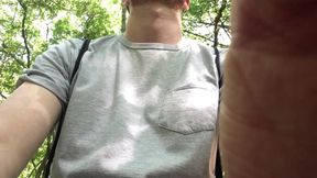 Sitting on a bench in the woods, taking my cock and balls out of my shorts