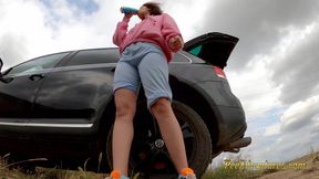 Hipster girl pee with her legs wide opened outdoor