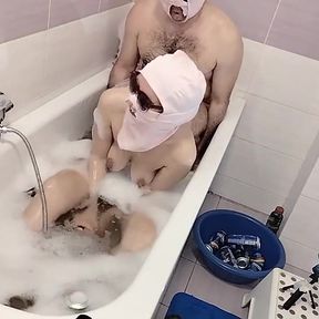 Amateur Couple Taking a Bath, Wife with Hairy Pussy, Big Ass, Big Tits.