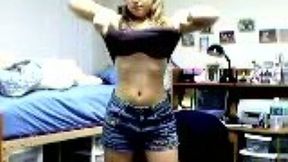 Curvy white young babe with hairy pussy stripteases on webcam