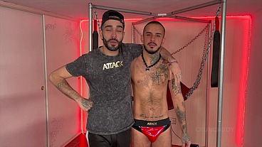 SPanish boy fucking bareback in backroom in fetish outfits
