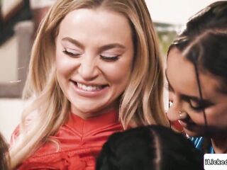 Lesbo hottie Blake Blossom won the wager so her allies oriental Nicole Doshi, latin babe Hailey Rose and black Ameena Green take turns licking her cunt.