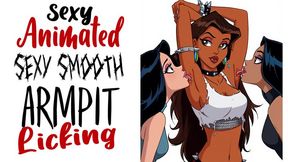 Hot olive skinned animated babe gets her sexy smooth armpits licked by two kinky fetish girls