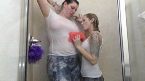 Busty lesbians make a mess with dripping pussies