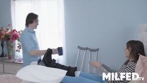 Watch my busty girlfriend's MILF Mom get a hot squirt from my touch while I ride her hard in missionary