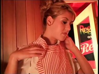 Hawt, taut lesbians play with a double headed vibrator in the sauna