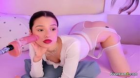 Brunette Babe Blows Dildo Fuck Machine