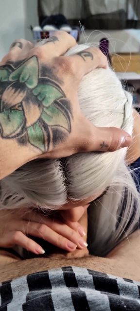 Submissive Sloppy Deepthroat in White Wig &amp; Blue Contacts - Debora Swallowing Wellington's Thick Cock + Slow Stretching   Clip 1