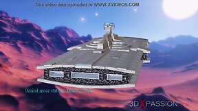 Passionate intergalactic encounter: sci-fi android and blonde teen on space station