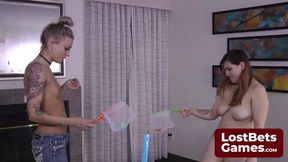 Brunette and blonde babes lick each other in lesbian seduction game