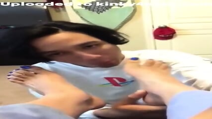 Got My Long Feet With Blue Nail Polish Worshipped By My Submissive Male Slave  Kinky4Ever