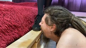 Trampling and jumping hard on My slaves cock and balls, then trampling right on his tongue