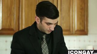 Billy  pulls his boss pants down and sucks on his big dick