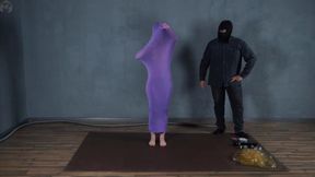 Bondage tape in a vacuum latex cocoon, orgasm from a vibrator