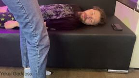 Face sitting in jeans, smoking, spitting and licking spit with ashes from the floor