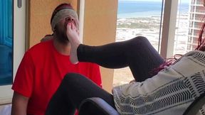 Balcony foot domination at the beach | standard def