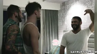 Latino muscle hunks in sweaty bareback threesome with Draven Navarro