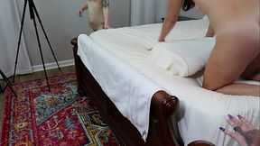 Older man fucks petite teen and milf in a group fuck session
