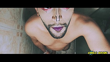 Alien boy jerking his big uncut cock in the shower and eating his own cum