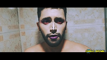 Alien boy jerking his big uncut cock in the shower and eating his own cum