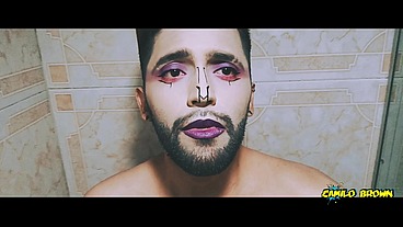 Alien boy jerking his big uncut cock in the shower and eating his own cum