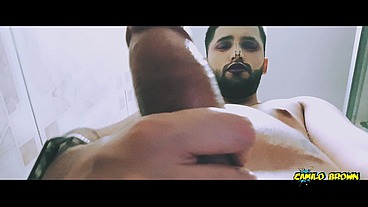 Alien boy jerking his big uncut cock in the shower and eating his own cum
