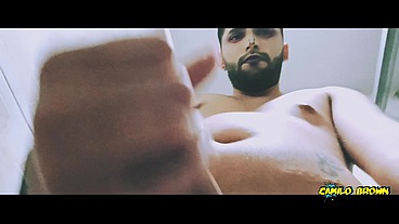 Alien boy jerking his big uncut cock in the shower and eating his own cum