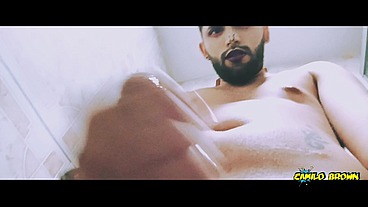 Alien boy jerking his big uncut cock in the shower and eating his own cum